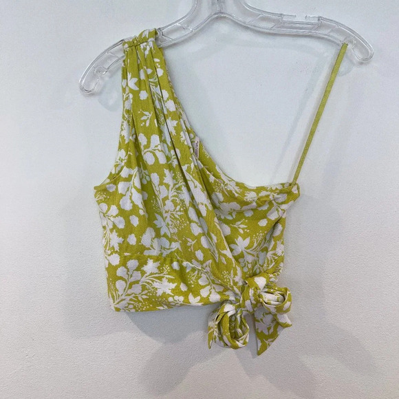 Free People Lime Floral One Shoulder Bohemian Preppy Side Tie Bow Top Blouse XS - Picture 2 of 8